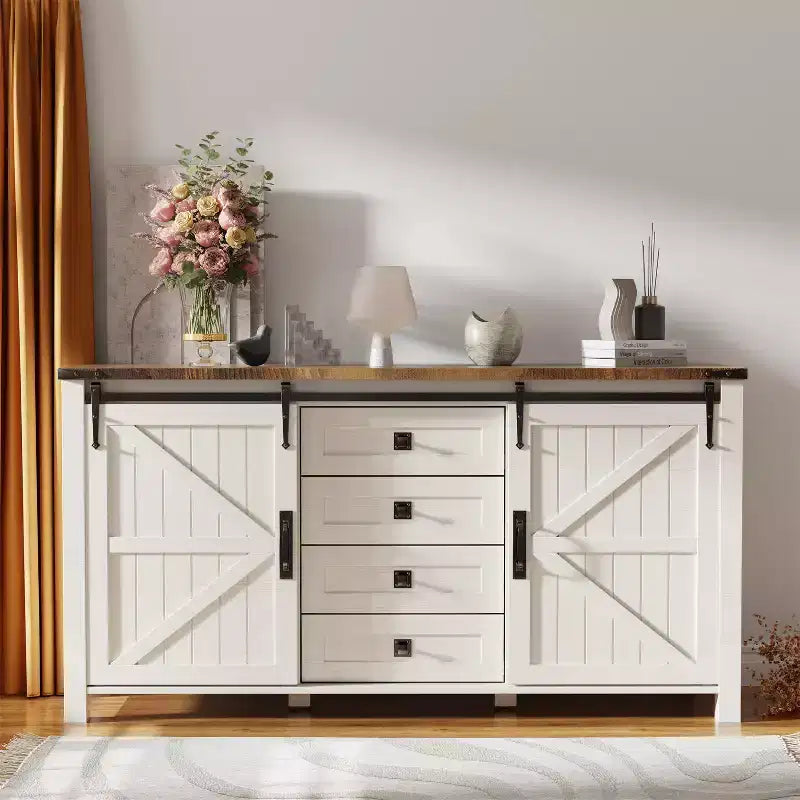 SinCiDo Coiffeuse de ferme 60 avec porte coulissante de grange et 4 tiroirs, Meuble à tiroirs pour salon, chambre à coucher, bar à café