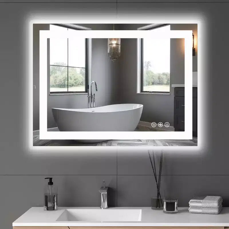 Miroir anti-buée 24x36 pouces, Grand miroir de salle de bain LED avec capteur tactile, Blanc