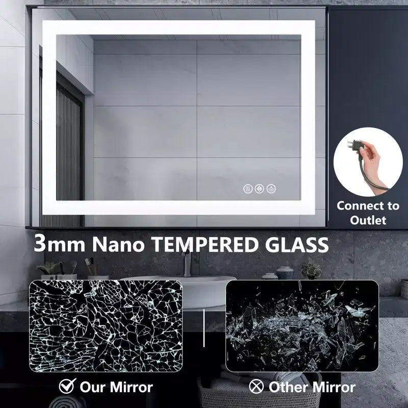 Miroir de salle de bain intelligent 28x36 pouces, miroir de courtoisie à cadre en aluminium avec dégivreur, blanc