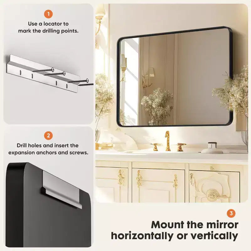 Miroir de Salle de Bain en Alliage d'Aluminium 30x22 Pouces, Miroir Mural en Verre Trempé avec Cadre Anti-Rouille, Noir