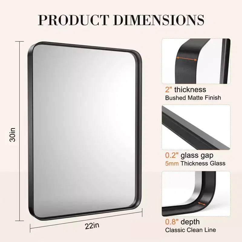 Miroir de Salle de Bain en Alliage d'Aluminium 30x22 Pouces, Miroir Mural en Verre Trempé avec Cadre Anti-Rouille, Noir