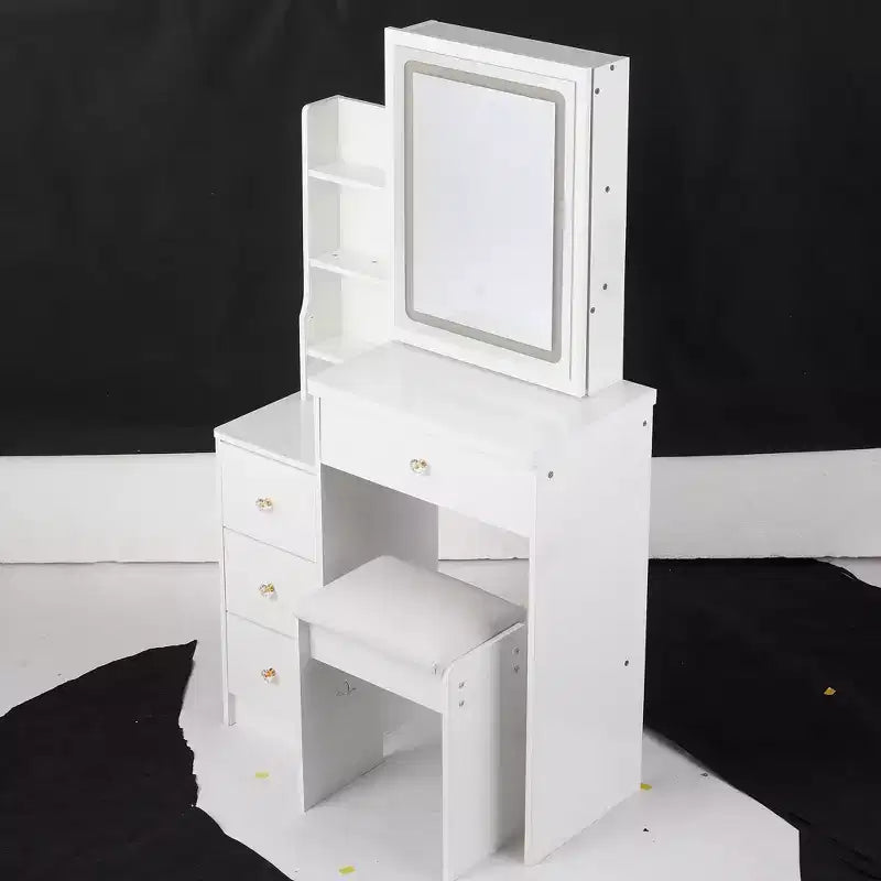Table de toilette et ensemble de chaises Okak, petite table de chevet gauche de 29,2 avec miroir coulissant LED tactile extra-large, blanc