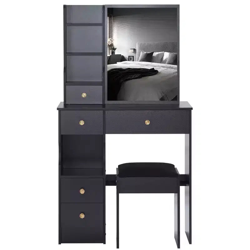 Coiffeuse et tabouret Okak avec petit tiroir gauche de 29,2, coiffeuse avec grand miroir coulissant tactile, noir