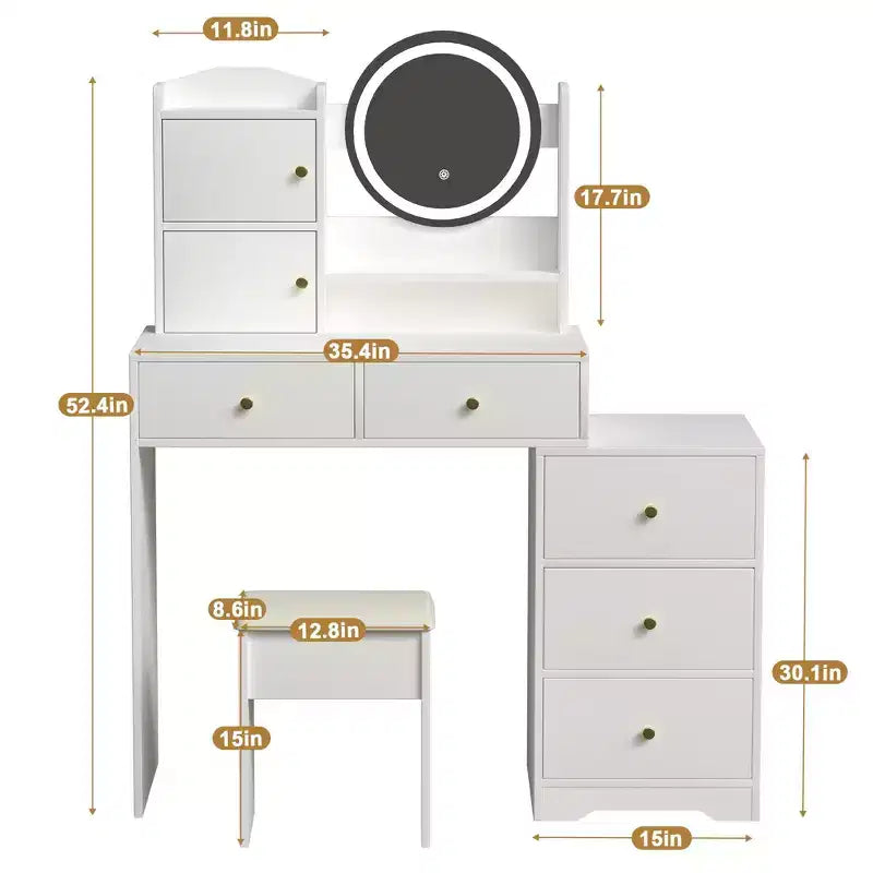 Coiffeuse Okak avec tiroirs à droite et lumières pour maquillage et chaise rembourrée, coiffeuse avec lumières et ensemble de table avec 3 couleurs d'éclairage, blanc