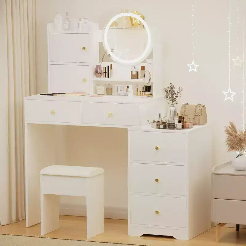 Coiffeuse Okak avec tiroirs à droite et lumières pour maquillage et chaise rembourrée, coiffeuse avec lumières et ensemble de table avec 3 couleurs d'éclairage, blanc