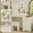 Coiffeuse Okak avec tiroirs à droite et lumières pour maquillage et chaise rembourrée, coiffeuse avec lumières et ensemble de table avec 3 couleurs d'éclairage, blanc