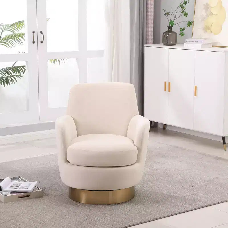 Fauteuil pivotant de luxe en velours Okak, fauteuil d'appoint rotatif silencieux à 360° avec base dorée pour salon, chambre, bureau