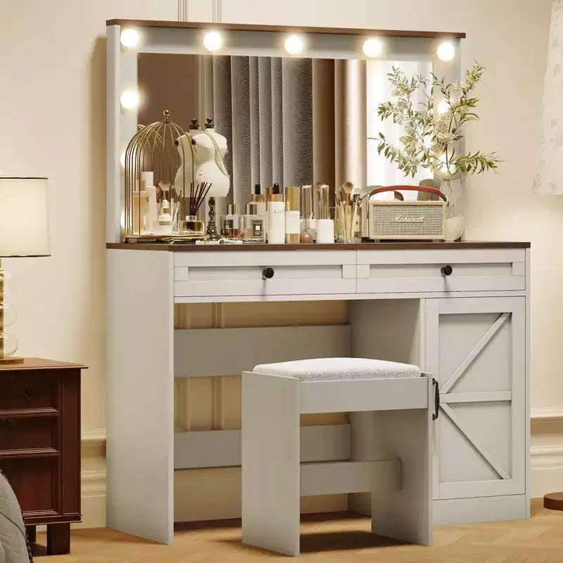 Coiffeuse Okak avec grand miroir, coiffeuse avec plateau en verre transparent et 3 tiroirs pour appartement/chambre à coucher
