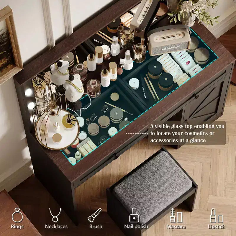 Coiffeuse Okak avec grand miroir, coiffeuse avec plateau en verre transparent et 3 tiroirs pour appartement/chambre à coucher