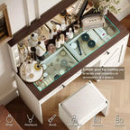 Coiffeuse Okak avec grand miroir, coiffeuse avec plateau en verre transparent et 3 tiroirs pour appartement/chambre à coucher