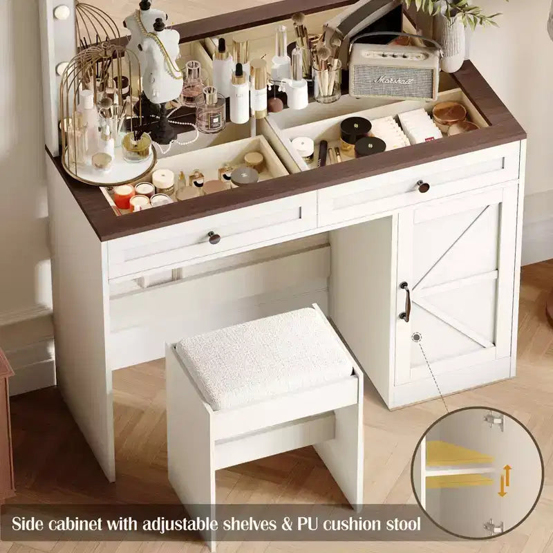 Coiffeuse Okak avec grand miroir, coiffeuse avec plateau en verre transparent et 3 tiroirs pour appartement/chambre à coucher