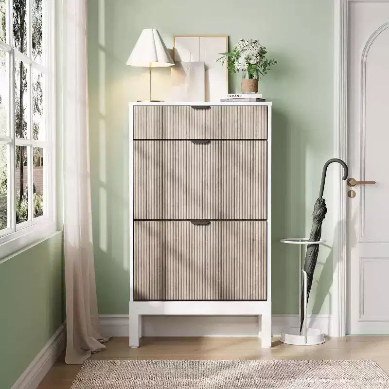 Meuble de rangement pour chaussures Acekool avec 2 tiroirs basculants et un petit tiroir, meuble d'entrée fin avec portes cannelées