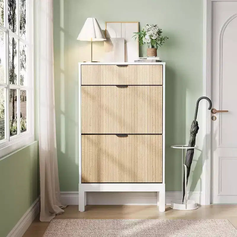 Meuble de rangement pour chaussures Acekool avec 2 tiroirs basculants et un petit tiroir, meuble d'entrée fin avec portes cannelées