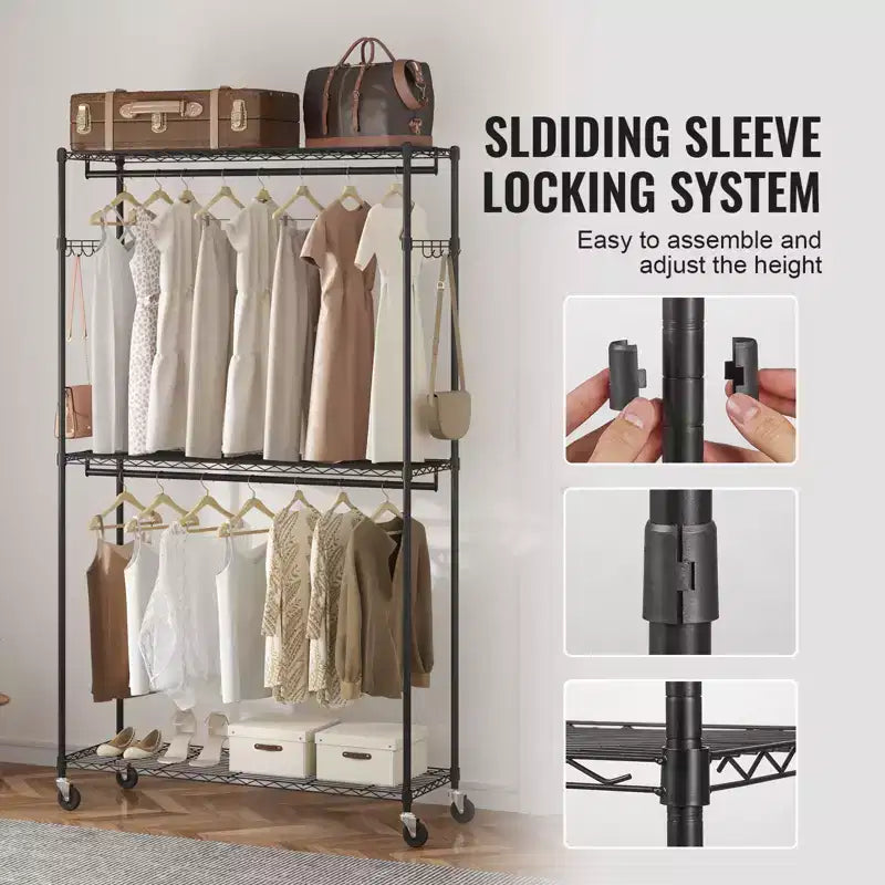 VEVOR Portant à Vêtements Robuste, Portant à Vêtements Roulant avec 3 Niveaux de Rangement, 2 Tiges et 2 Paires de Crochets Latéraux, Capacité de Charge de 181 kg