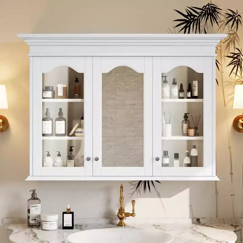 40W Medicine Cabinet with Mirror, Bathroom Storage Cabinet with Adjustable Shelves & Glass Doors, Wall Mounted Mirror Cabinet, White - ModernLuxe