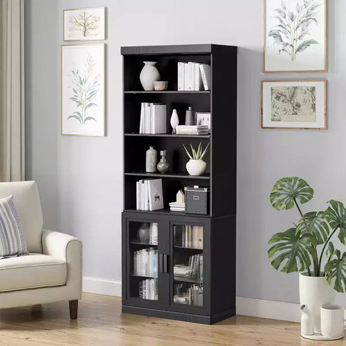 80x31x16 Wood Accent Sideboard Cabinet in Black, Storage Organizer with Adjustable Shelves and Glass Doors for Kitchen Bedroom Living/Dinning Room