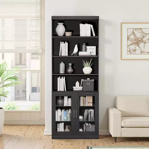 Bahut d'appoint en bois noir 80x31x16, meuble de rangement avec étagères réglables et portes vitrées pour cuisine, chambre, salon/salle à manger