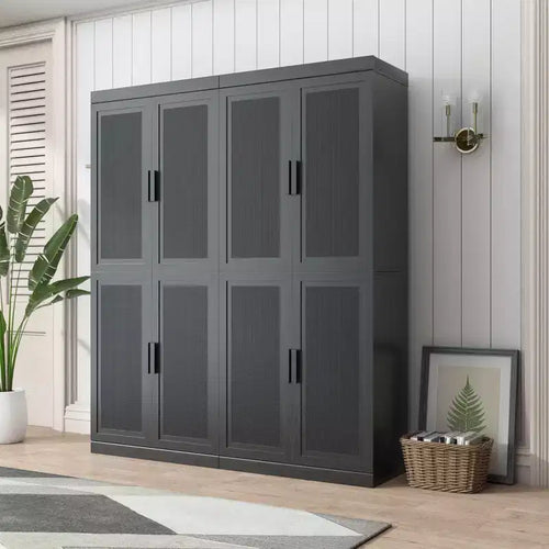72x62x16 Wood Grain Buffet Cabinet in Black, Storage Organizer with Adjustable Shelves and Rattan Doors for Kitchen Bedroom Entryway Living Room