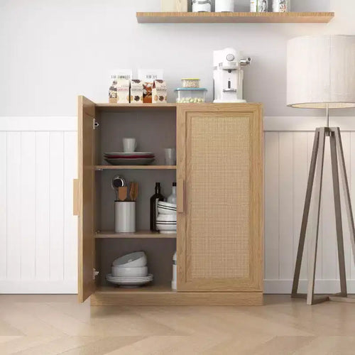 36x31x16 Wood Grain Buffet Cabinet, Storage Organizer with Adjustable Shelves and Rattan Doors for Kitchen Bedroom Living/Dinning Room