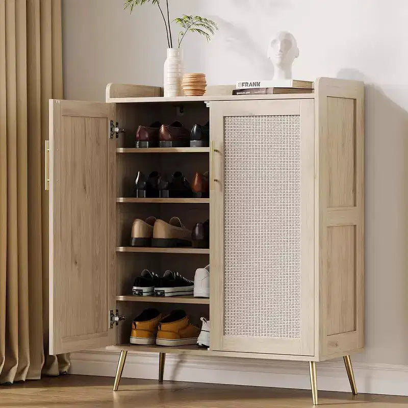 Meuble à chaussures 6 niveaux en rotin avec 2 portes, étagères réglables, range-chaussures en bois pour entrée, couloir, salon