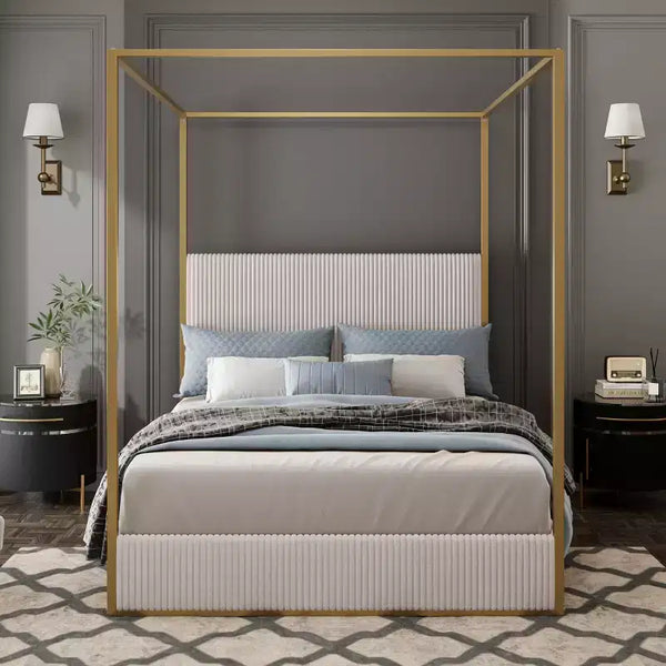 Queen/King Size Canopy Bed Metal 4-Poster Bed Frame with Tall Corduroy Upholstered Headboard, Beige+Gold/Black+White-ModernLuxe