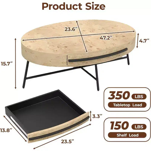 Table basse ovale Acekool avec tiroir, table de rangement en bois 120 cm avec pieds en métal croisés, table basse de style moderne du milieu du siècle en saule naturel et doré