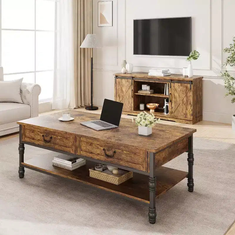 Table basse rectangulaire Acekool 41 avec tiroirs, table basse de rangement rustique marron de style Mid-Century avec pieds en métal pour salon et bureau