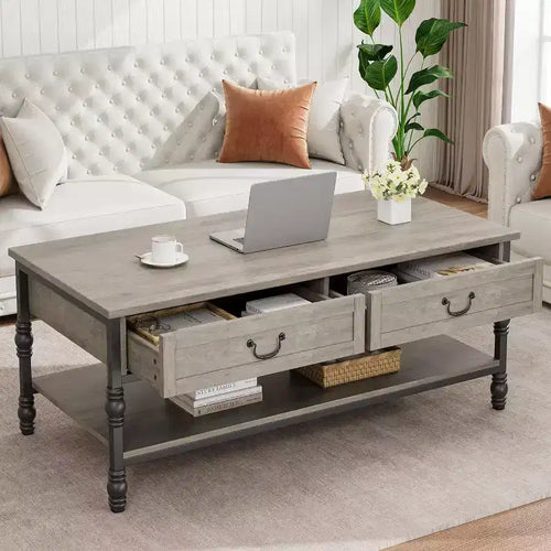 Acekool 41 Rectangular Coffee Table with Drawers, Rustic Brown Mid-Century Storage Cocktail Table with Metal Legs for Living Room & Office