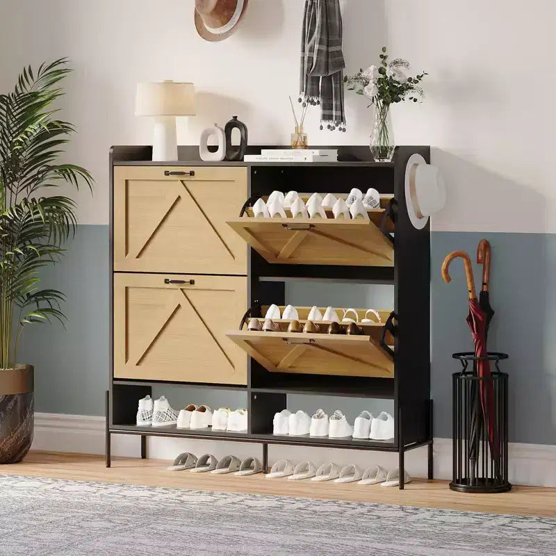 Meuble à chaussures avec 4 tiroirs basculants - Organisateur de rangement de chaussures autoportant pour l'entrée, Organisateur de chaussures avec séparation sec et humide et pieds en métal