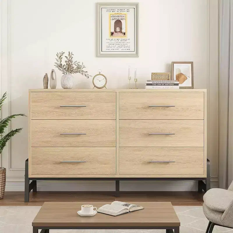 Commode à 6 tiroirs, Meuble TV, Armoire de rangement en bois à tiroirs larges sur pied pour salon, chambre, entrée