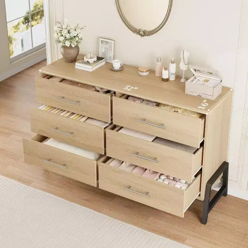 Commode à 6 tiroirs, Meuble TV, Armoire de rangement en bois à tiroirs larges sur pied pour salon, chambre, entrée