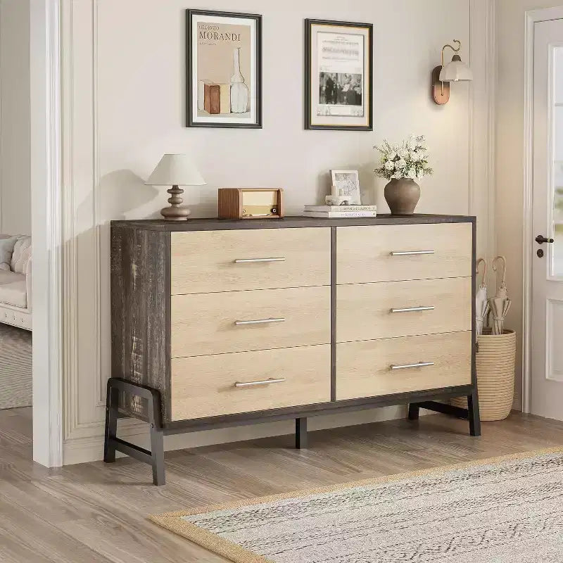 Commode à 6 tiroirs, Meuble TV, Armoire de rangement en bois à tiroirs larges sur pied pour salon, chambre, entrée