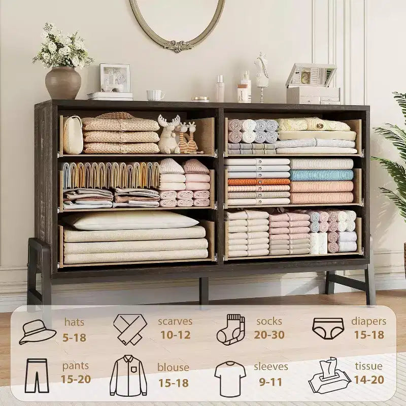 Commode à 6 tiroirs, Meuble TV, Armoire de rangement en bois à tiroirs larges sur pied pour salon, chambre, entrée
