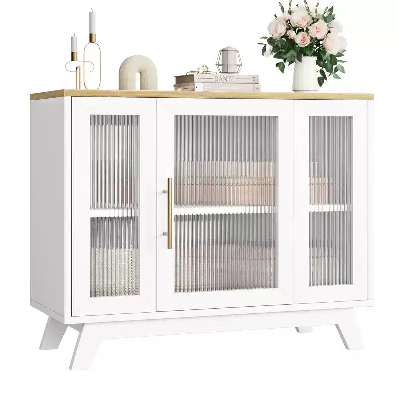 Buffet moderne de 91 cm avec portes en verre cannelé, étagères réglables, meuble décoratif pour cuisine, salon
