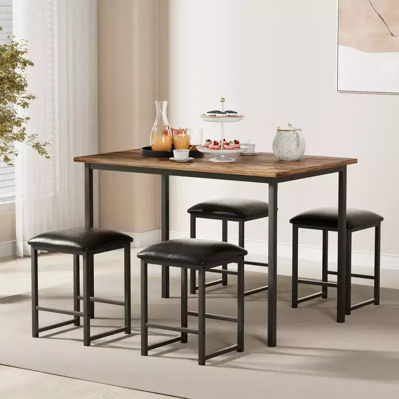 Ensemble Table et Chaises de Cuisine VECELO pour 4, Ensemble Salle à Manger avec Chaises/Tabourets en PU, Cadre Robuste pour Petits Espaces, Marron/Noir