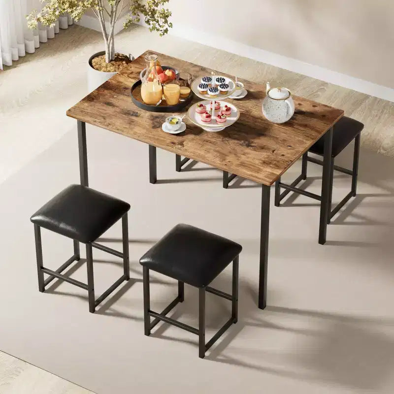 Ensemble Table et Chaises de Cuisine VECELO pour 4, Ensemble Salle à Manger avec Chaises/Tabourets en PU, Cadre Robuste pour Petits Espaces, Marron/Noir
