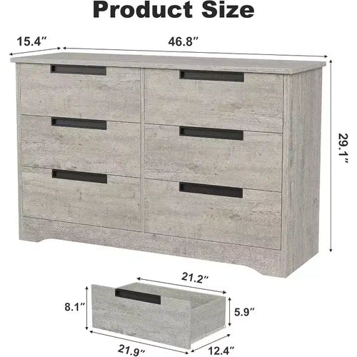 Commode double à 6 tiroirs pour chambre à coucher, commode moderne grise avec poignées encastrées, organisateur de rangement en bois pour salon, chambre d'enfant, couloir ou entrée