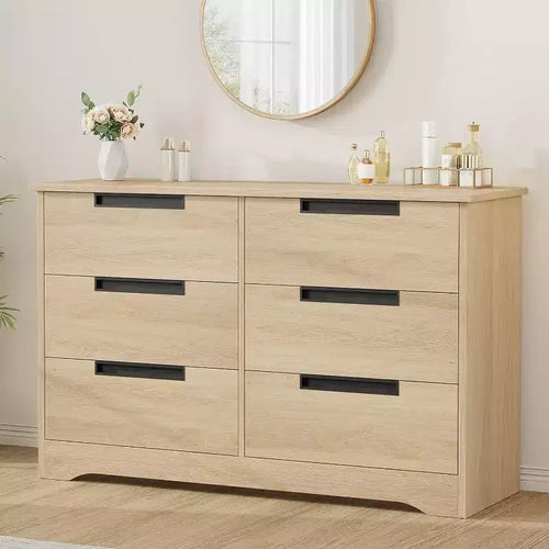 6-Drawer Double Dresser for Bedroom, Modern Gray Chest with Recessed Handles, Wooden Storage Organizer for Living Room, Nursery, Hallway, or Entryway