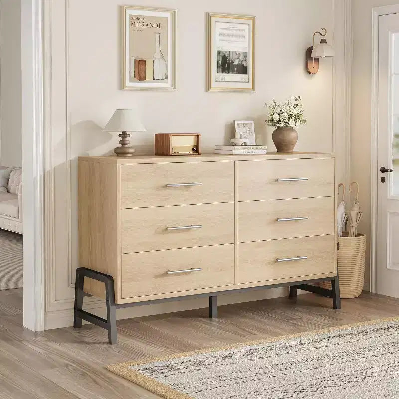 Commode large de 52 po, commode de chambre à 6 tiroirs, coffre de rangement en bois, armoire à 6 tiroirs, pour salon, chambre, entrée