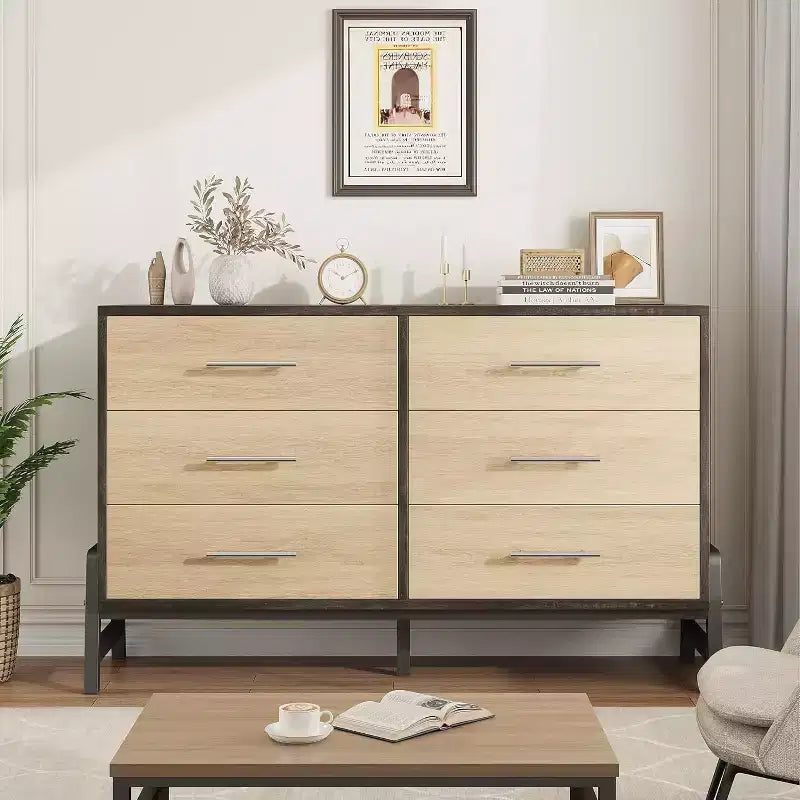 Commode large de 52 po, commode de chambre à 6 tiroirs, coffre de rangement en bois, armoire à 6 tiroirs, pour salon, chambre, entrée