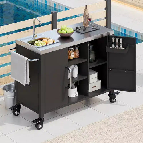 55.5 Îlot de cuisine d'extérieur avec évier, table de préparation en acier inoxydable avec porte-épices et roulettes verrouillables, chariot de barbecue, noir - ModernLuxe