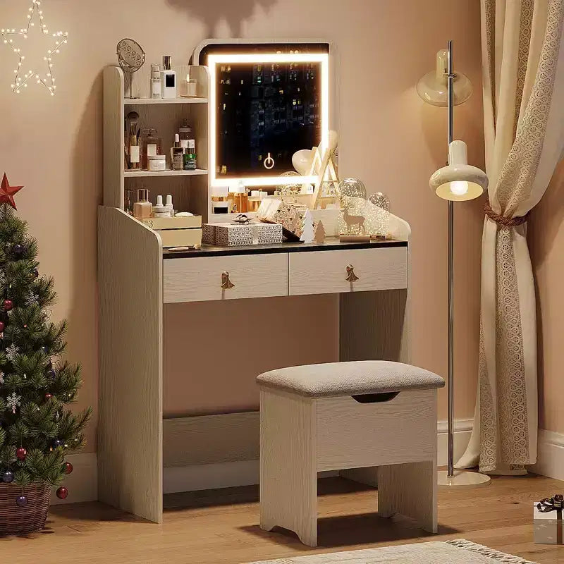 Coiffeuse Miroir avec Station & Tabouret - Ensemble Maquillage 2 Tiroirs pour Filles et Femmes