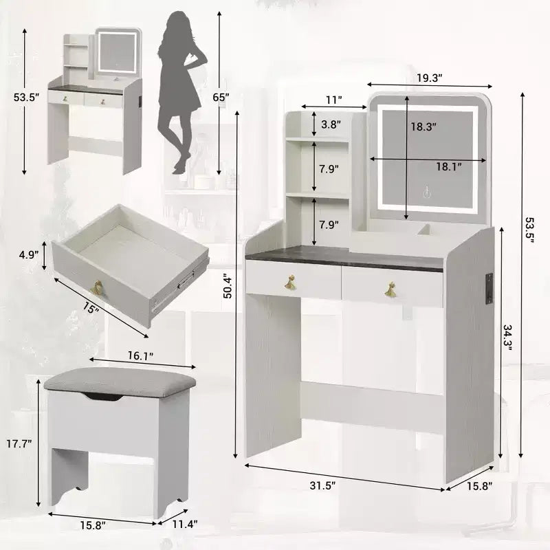 Coiffeuse Miroir avec Station & Tabouret - Ensemble Maquillage 2 Tiroirs pour Filles et Femmes