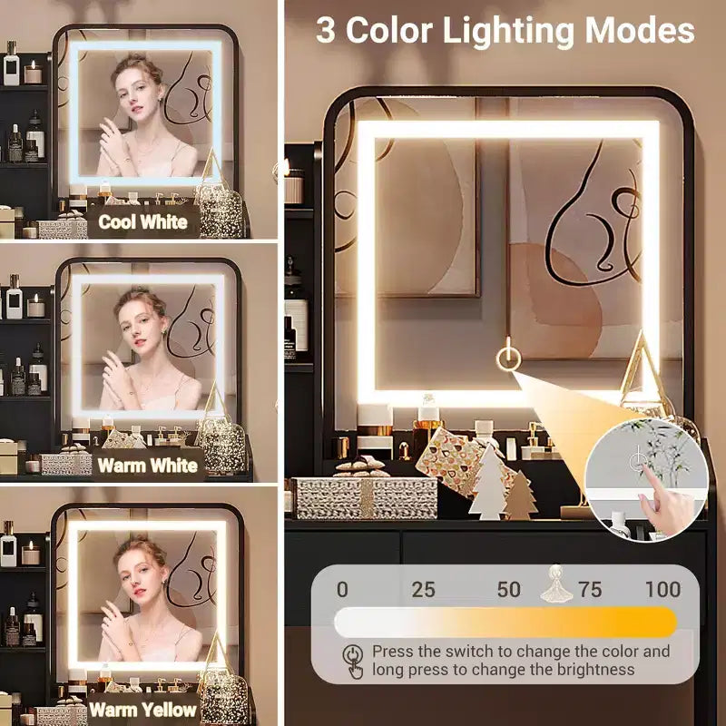 Coiffeuse Miroir avec Station & Tabouret - Ensemble Maquillage 2 Tiroirs pour Filles et Femmes