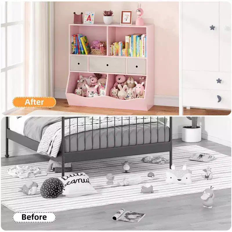 Organisateur de rangement pour jouets à 3 niveaux avec tiroirs et 4 compartiments – Étagère à livres pour enfants autoportante pour salle de jeux, chambre de bébé, maternelle