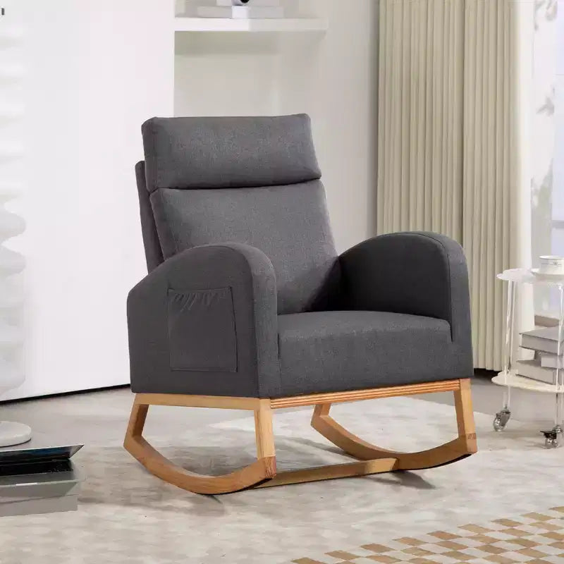 Chaise berçante pour chambre de bébé - Fauteuil à bascule, Rembourré avec pieds en bois de caoutchouc, Dossier haut confortable, Poches latérales, Fauteuil à bascule pour salon