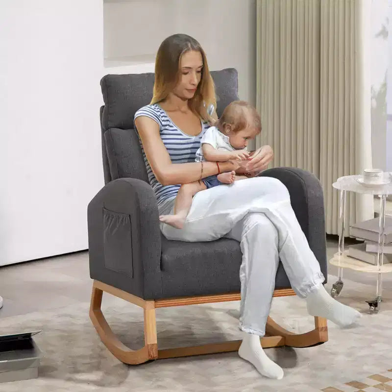Chaise berçante pour chambre de bébé - Fauteuil à bascule, Rembourré avec pieds en bois de caoutchouc, Dossier haut confortable, Poches latérales, Fauteuil à bascule pour salon