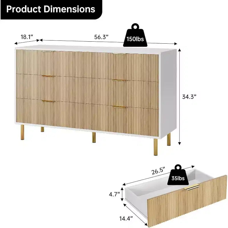 Commode à 6 tiroirs pour chambre à coucher, commode de rangement moderne en bois, avec poignées métalliques dorées et dispositif anti-basculement, pour salon