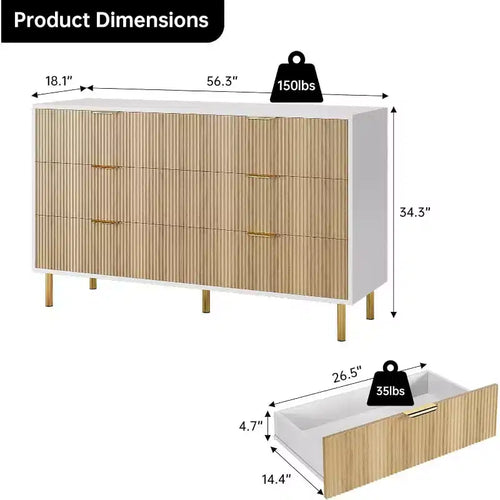 Commode à 6 tiroirs pour chambre à coucher, commode de rangement moderne en bois, avec poignées métalliques dorées et dispositif anti-basculement, pour salon