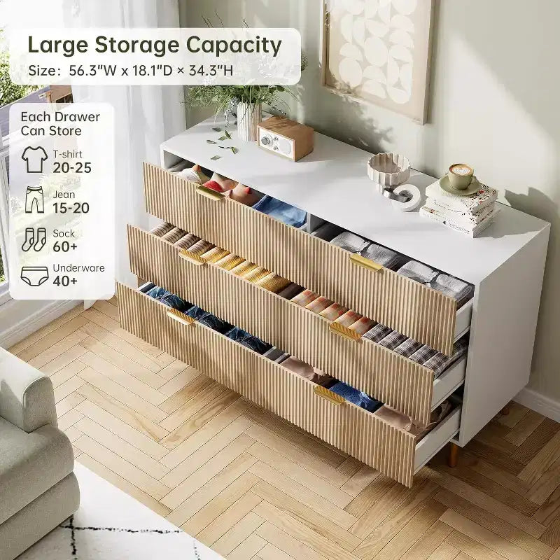 Commode à 6 tiroirs pour chambre à coucher, commode de rangement moderne en bois, avec poignées métalliques dorées et dispositif anti-basculement, pour salon